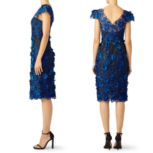 Marchesa Notte Blue Floral 3D Applique Lace V-Neck Sheath Dress Size 0 - Picture 4 of 10